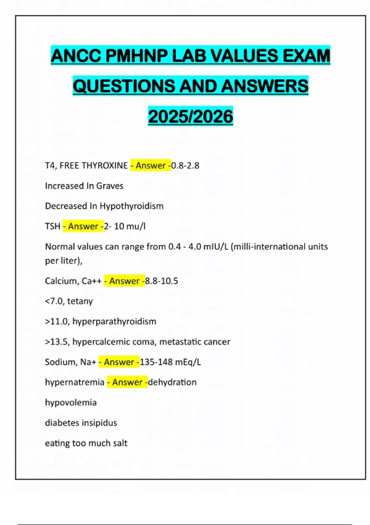 ANCC PMHNP LAB VALUES EXAM QUESTIONS AND ANSWERS 2025/2026 - ANCC PMHNP ...