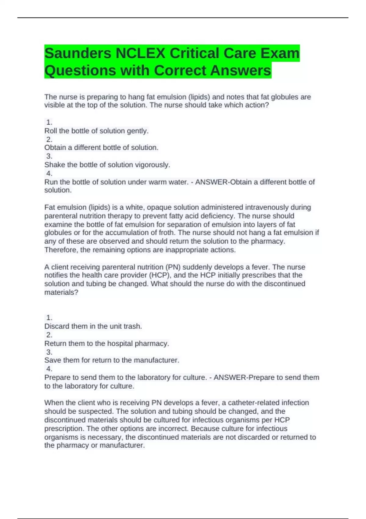 Saunders NCLEX Critical Care Exam Questions with Correct Answers ...