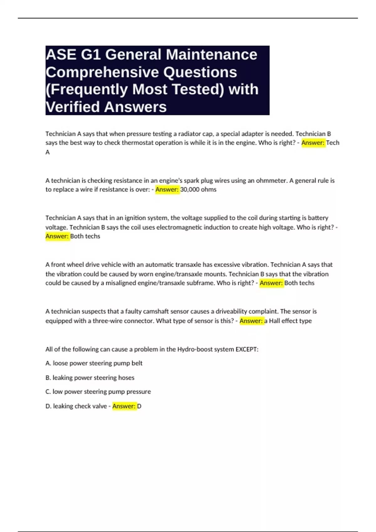 ASE G1 General Maintenance Comprehensive Questions (Frequently Most ...