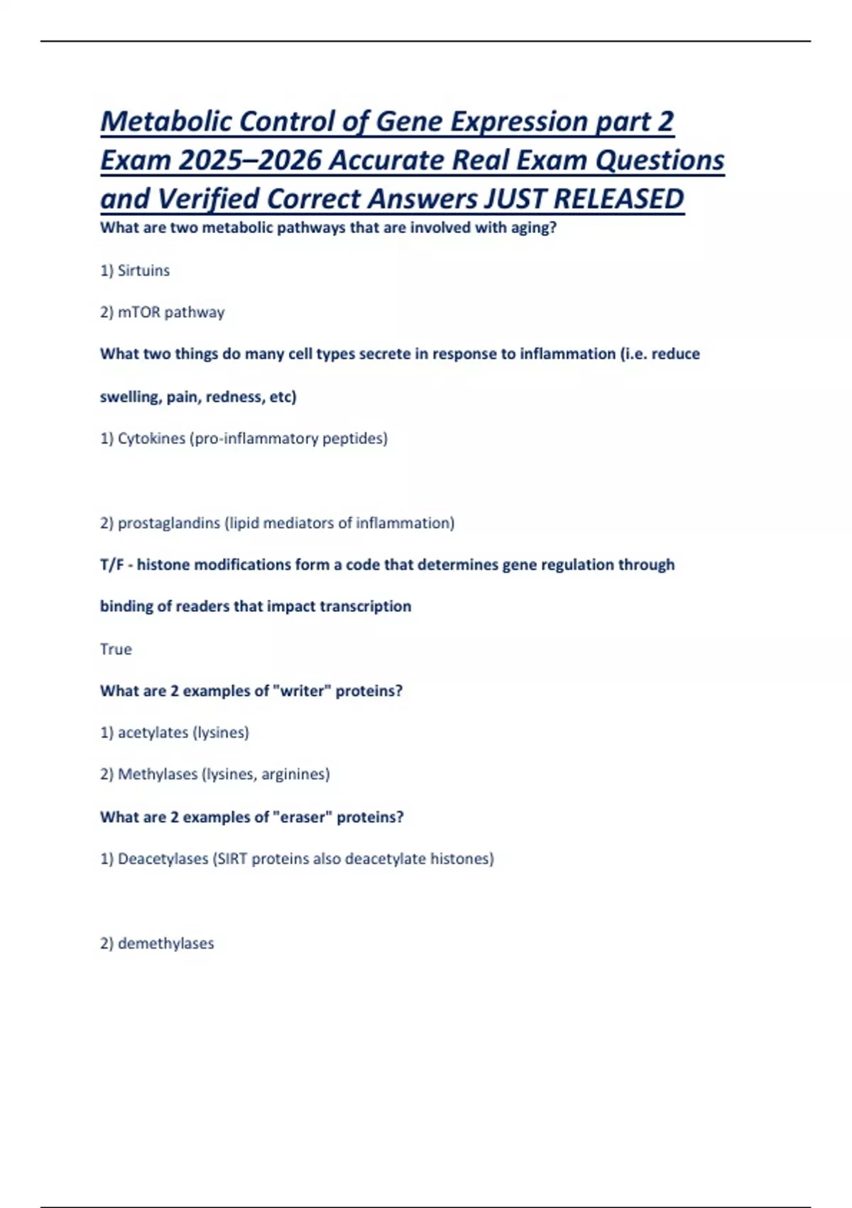 Metabolic Control of Gene Expression Part 2 Exam 2025–2026 Molecular ...