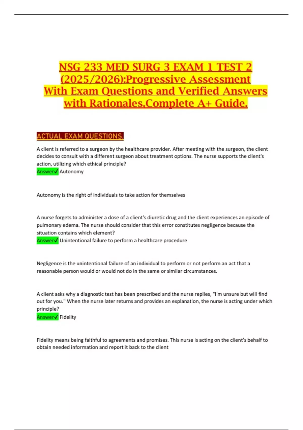 NSG 233 MED SURG 3 EXAM 1 TEST 2 (2025/2026):Progressive Assessment ...
