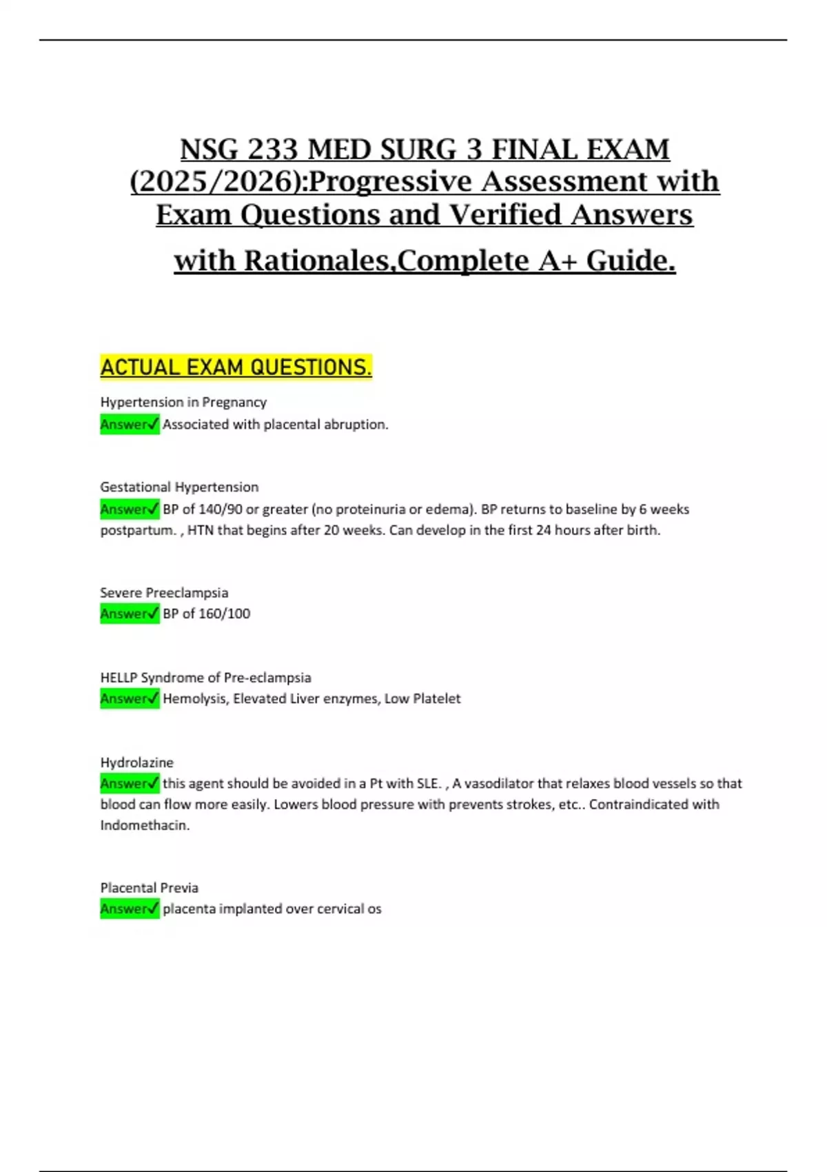 NSG 233 MED SURG 3 FINAL EXAM (2025/2026):Progressive Assessment with ...