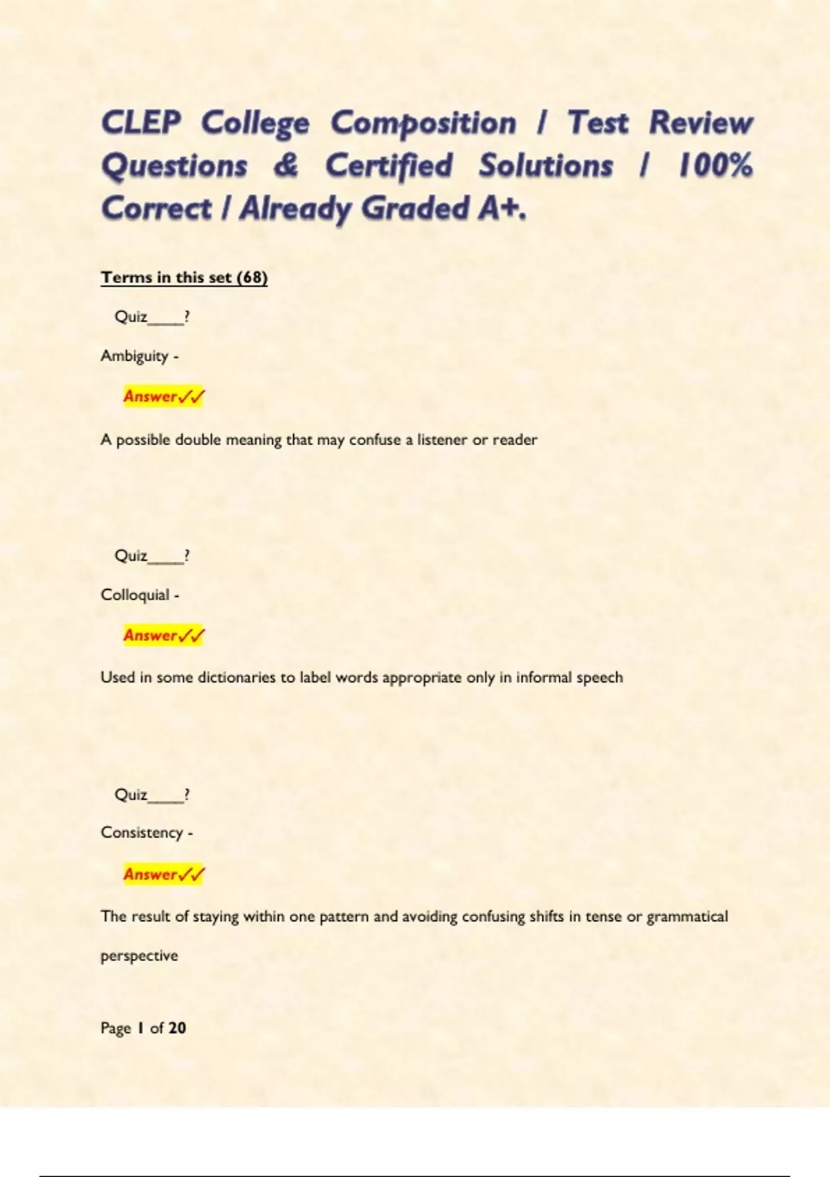 CLEP College Composition / Test Review Questions & Certified Solutions ...