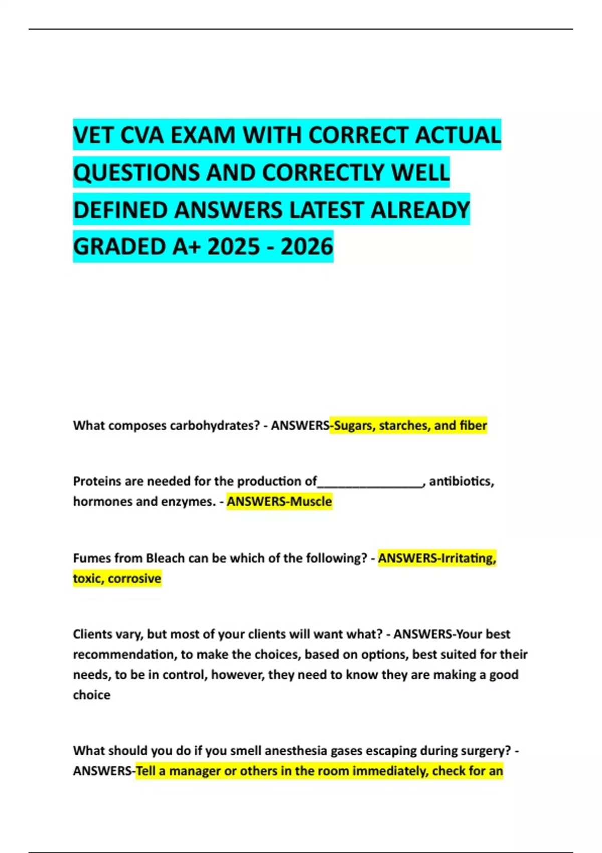 VET CVA EXAM WITH CORRECT ACTUAL QUESTIONS AND CORRECTLY WELL DEFINED ...
