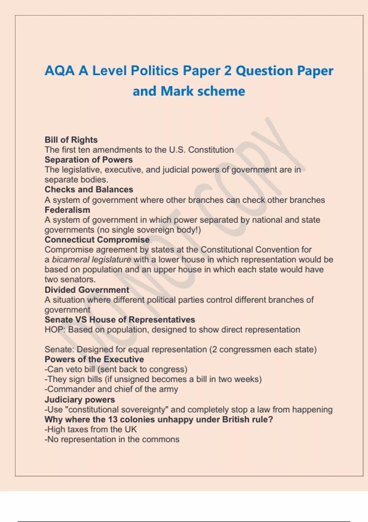 AQA A Level Politics Paper 2 Question Paper and Mark scheme - 3x@m ...