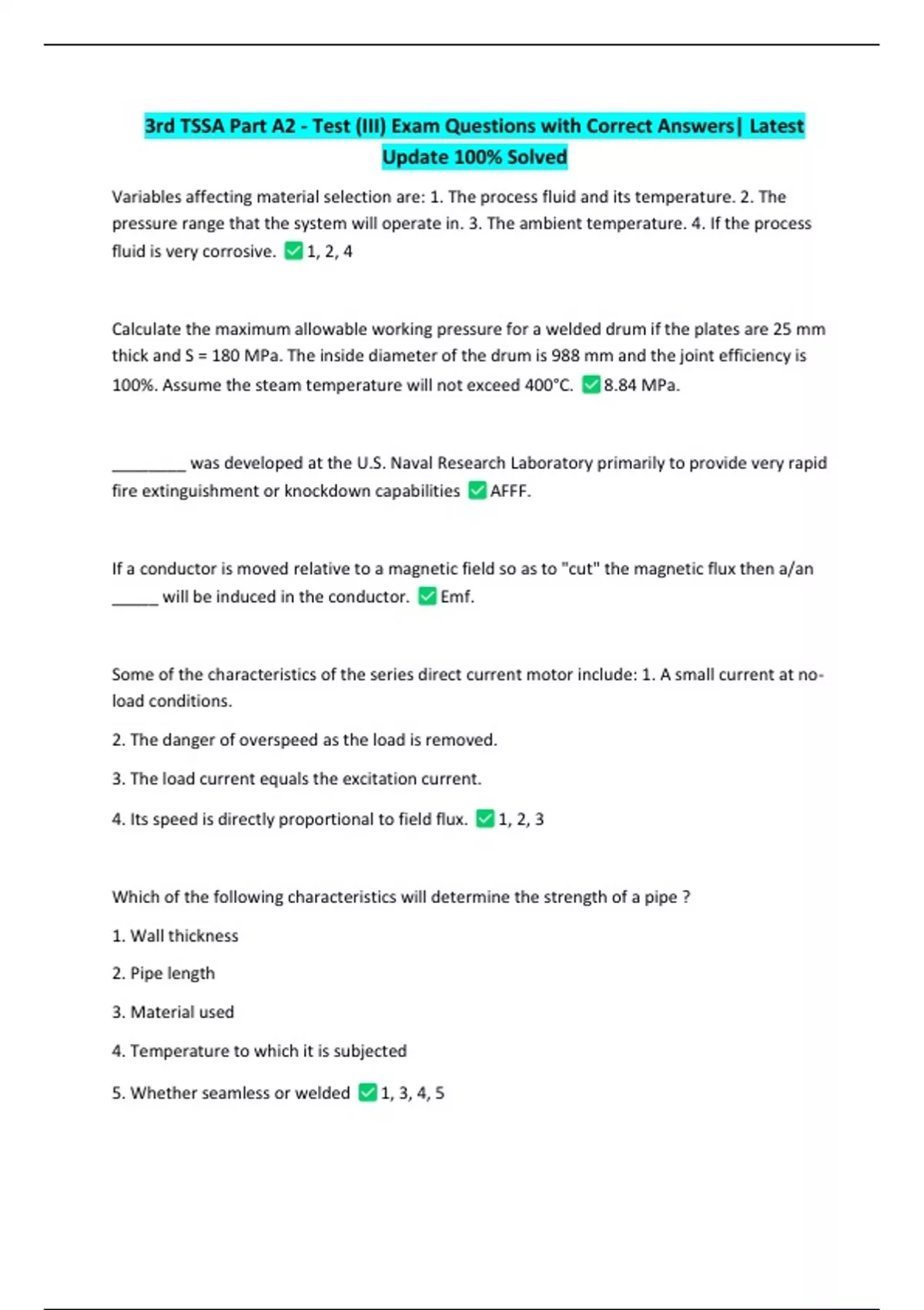 Tssa Testing 3rd TSSA Part A2 - Test (III) Exam Questions with Correct Answers ...