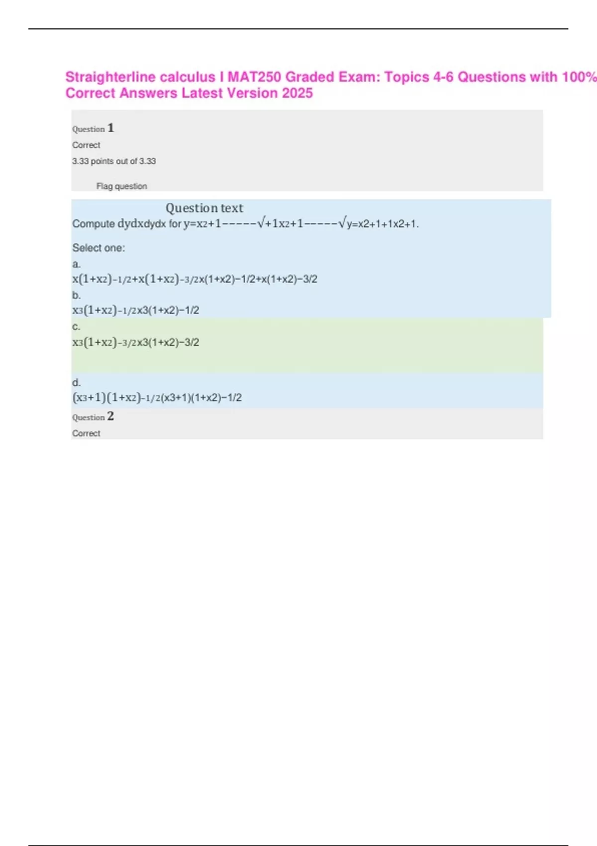 Straighterline calculus I MAT250. Exam Revision Questions And Correct ...