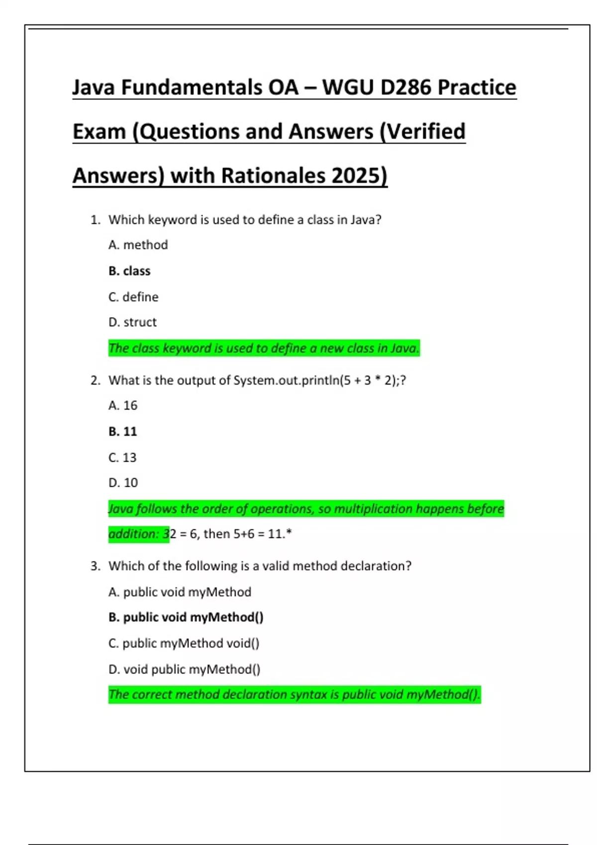 Java Fundamentals OA – WGU D286 Practice Exam (Questions and Answers ...