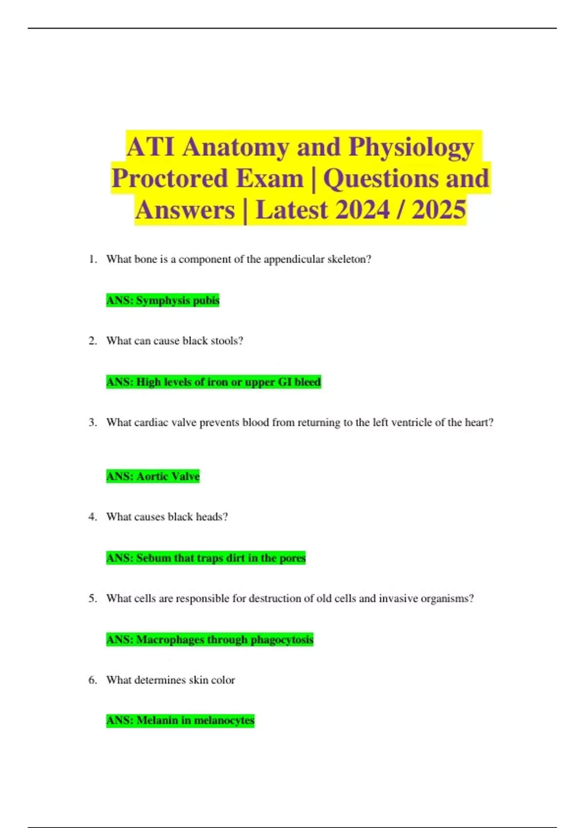 ATI Anatomy and Physiology Proctored Exam | Questions and Answers ...