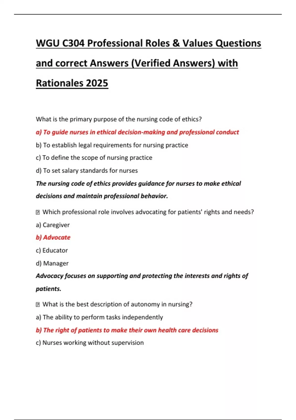 WGU C304 Professional Roles & Values Questions and correct Answers ...