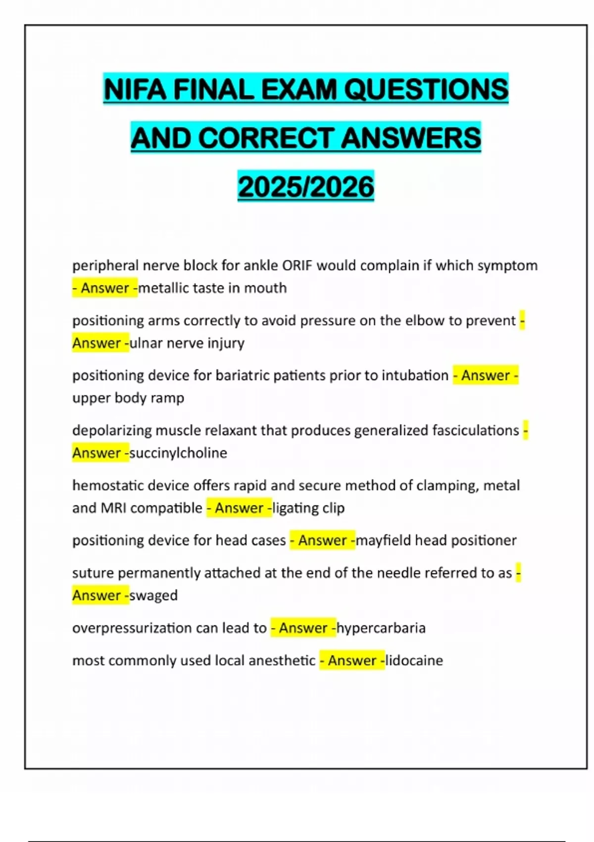 NIFA FINAL EXAM QUESTIONS AND CORRECT ANSWERS 2025/2026 - RNFA - Stuvia US