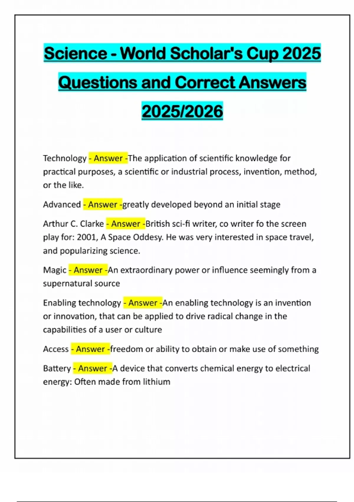 Science - World Scholar's Cup 2025 Questions and Correct Answers 2025/ ...