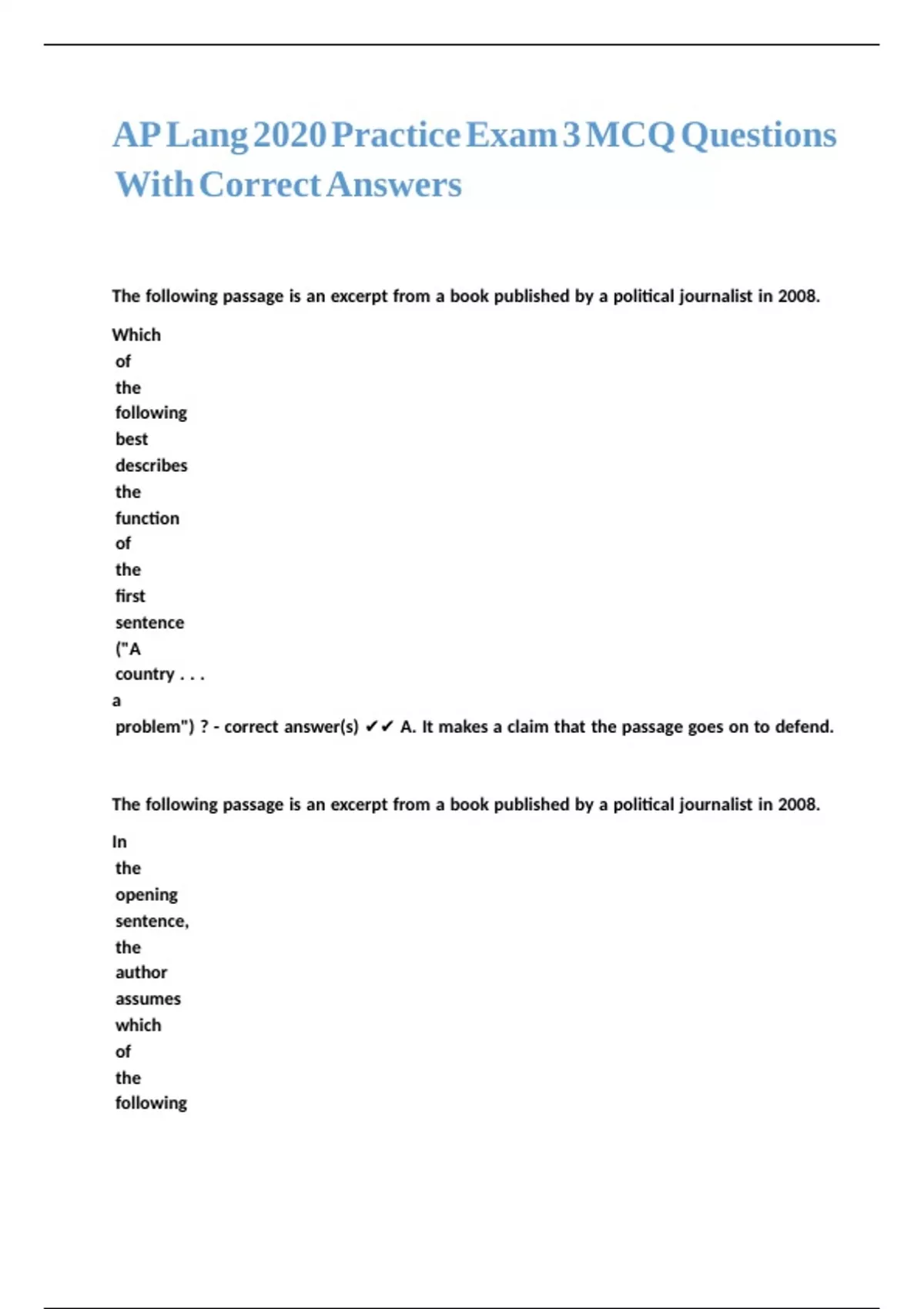AP Lang 2020 Practice Exam 3 MCQ Questions With Correct Answers. - AP 1 ...