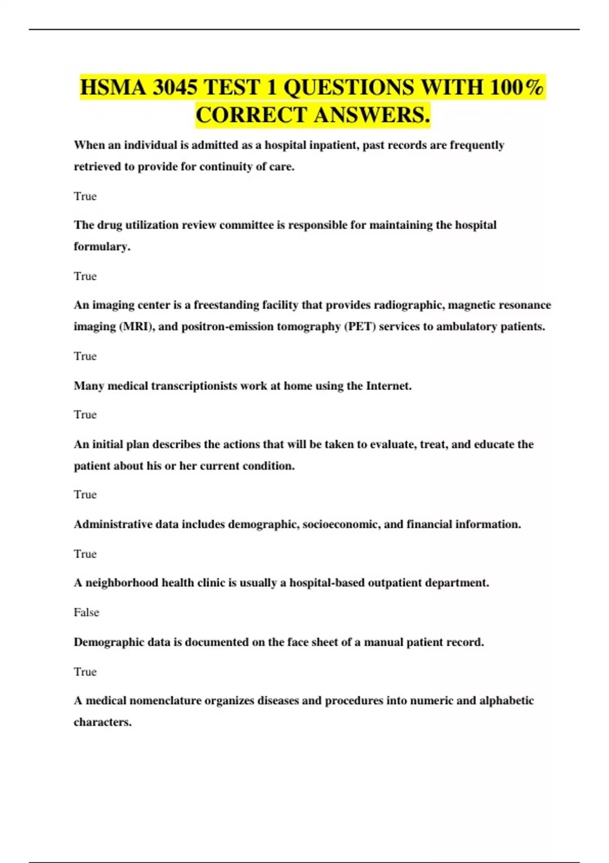 HSMA 3045 TEST 1 QUESTIONS WITH 100% CORRECT ANSWERS - HSMA 3045 ...