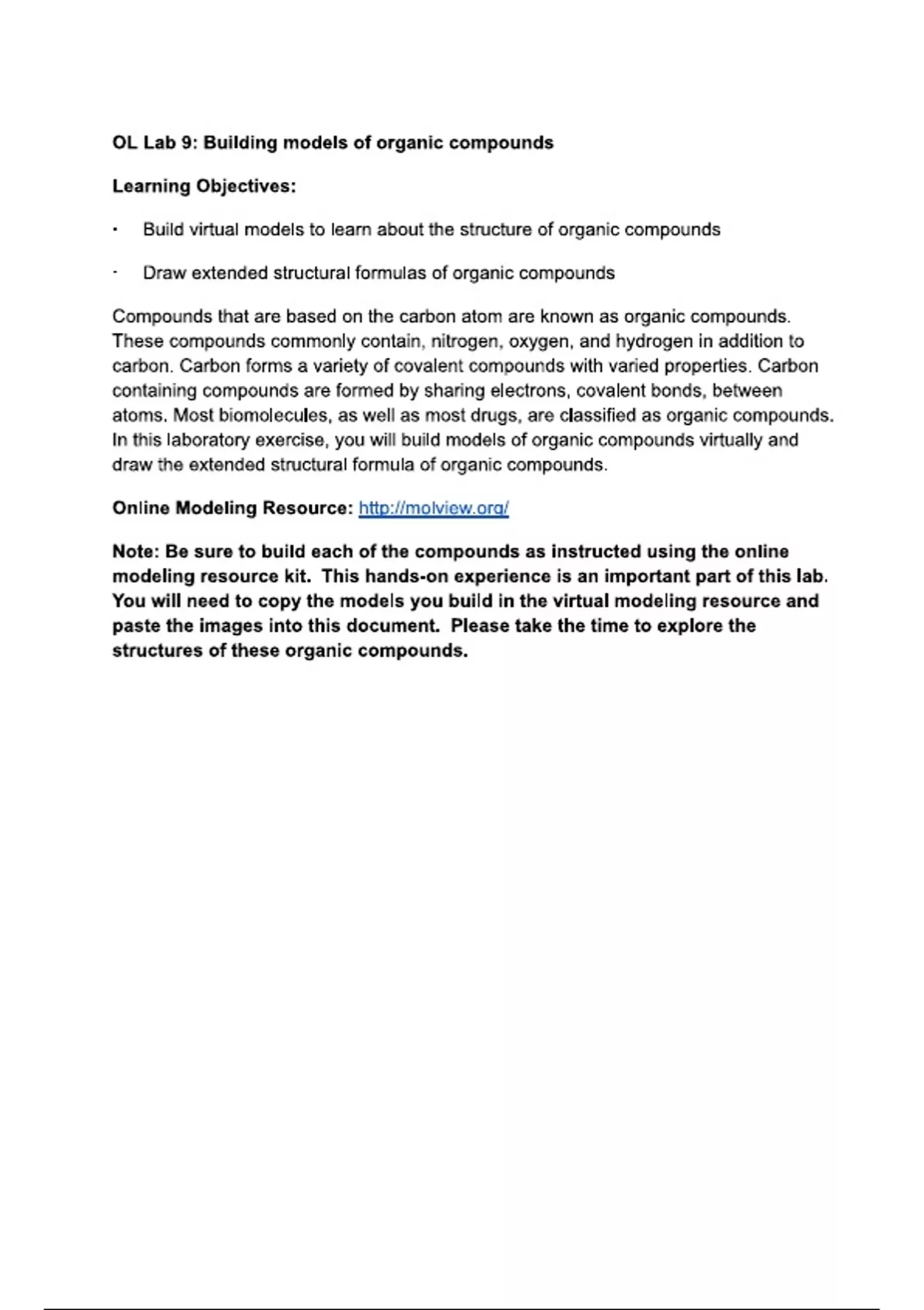 hem 120 - Week 5 Lab Report- OL Lab 9 Building models of organic ...