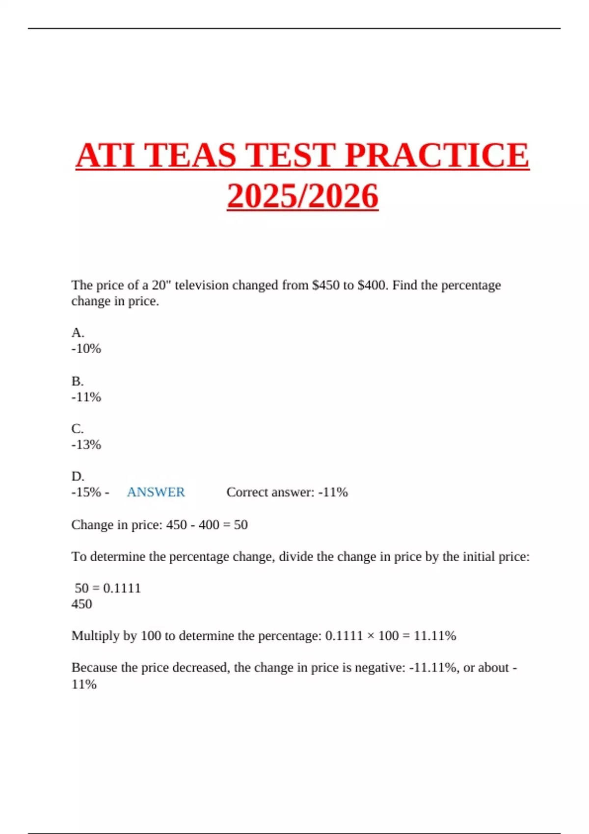 ATI TEAS TEST PRACTICE 2025/2026 - ATI TEAS - Stuvia US