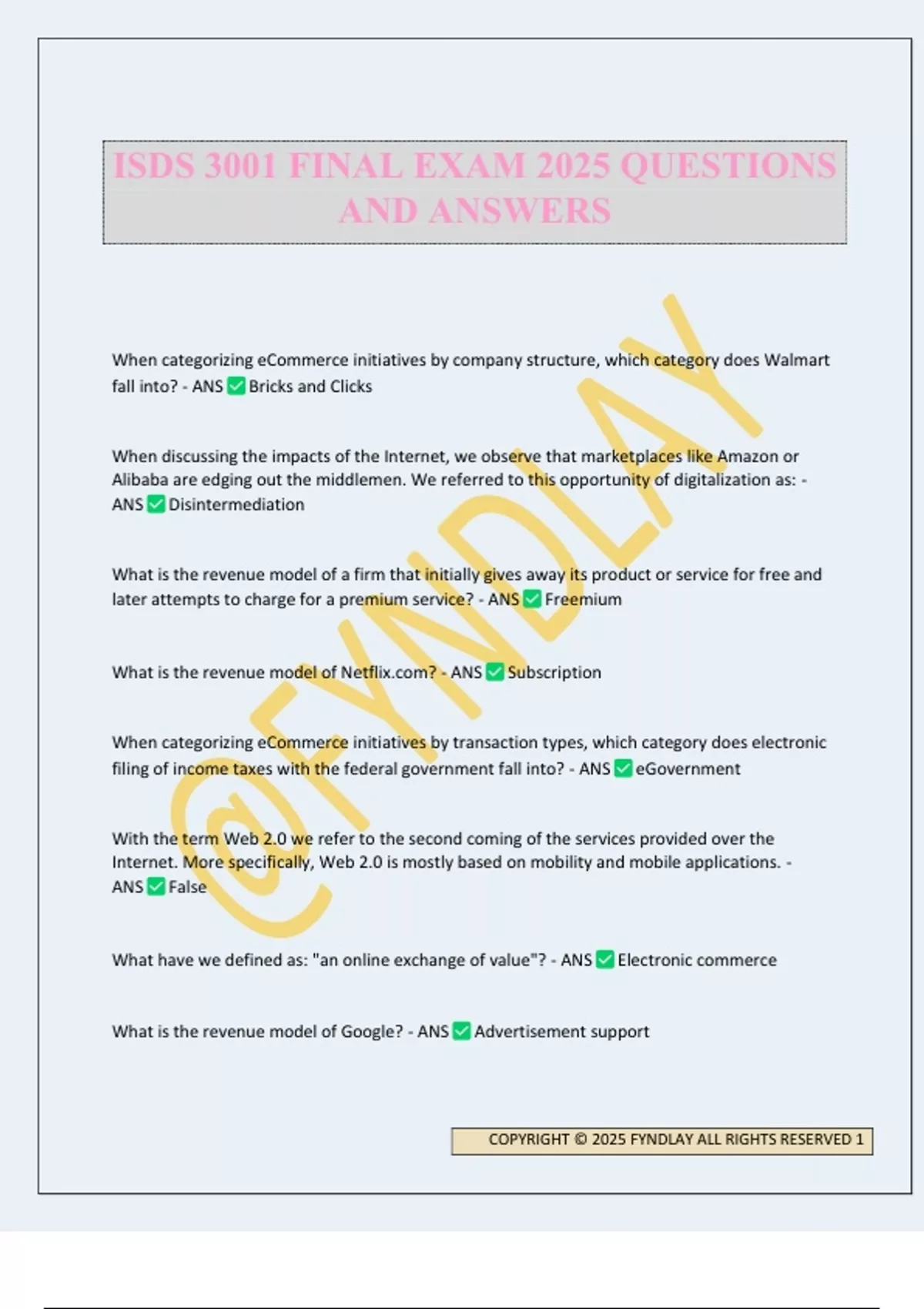 ISDS 3001 FINAL EXAM 2025 QUESTIONS AND ANSWERS - ISDS 3001 - Stuvia US