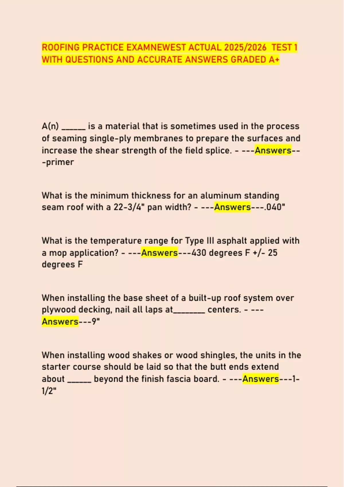 ROOFING PRACTICE EXAMNEWEST ACTUAL 2025/2026 TEST 1 WITH QUESTIONS AND ...