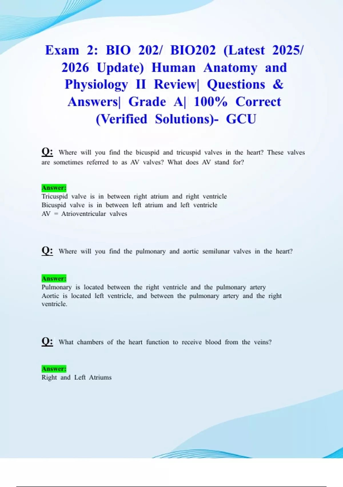 Exam 2: BIO 202/ BIO202 (Latest 2025/ 2026 Update) Human Anatomy and ...