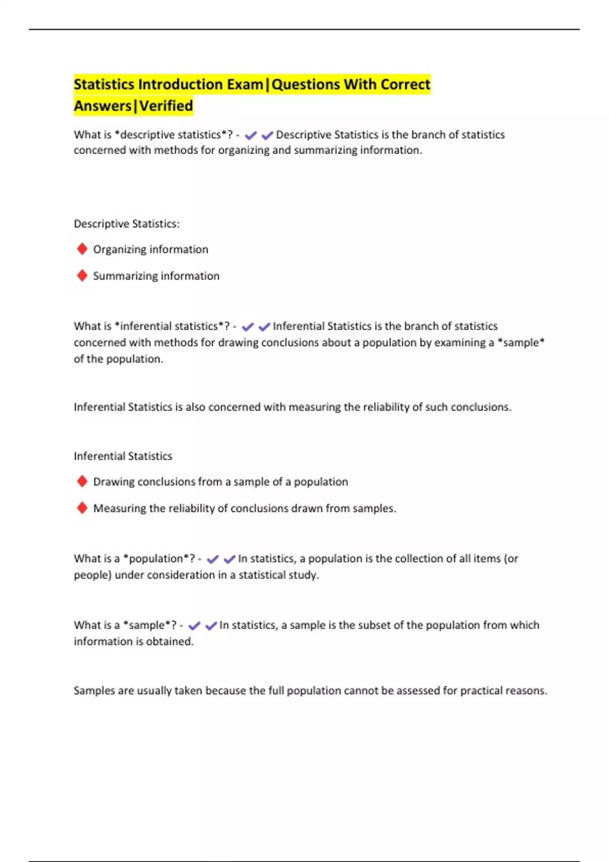 Stayistics Introduction R Statistics Introduction Exam|Questions With Correct Answers|Verified ...