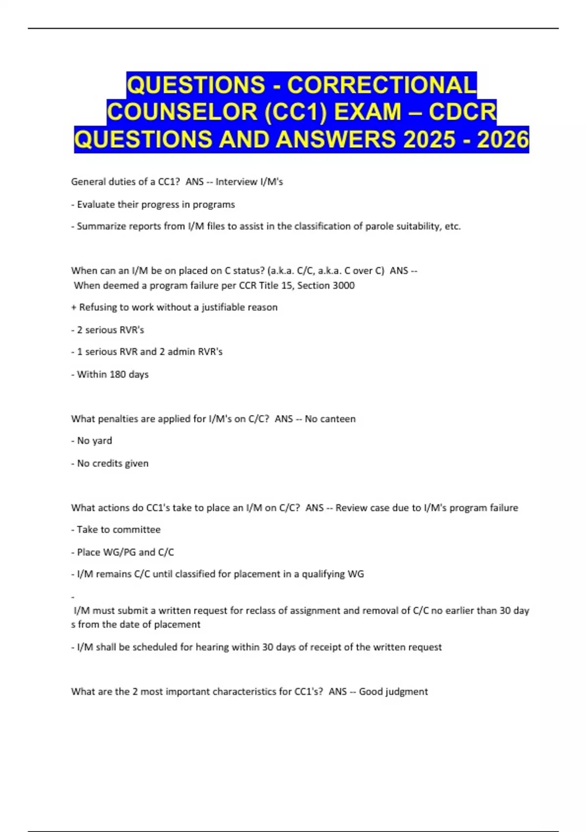 QUESTIONS - CORRECTIONAL COUNSELOR (CC1) EXAM – CDCR QUESTIONS AND ...
