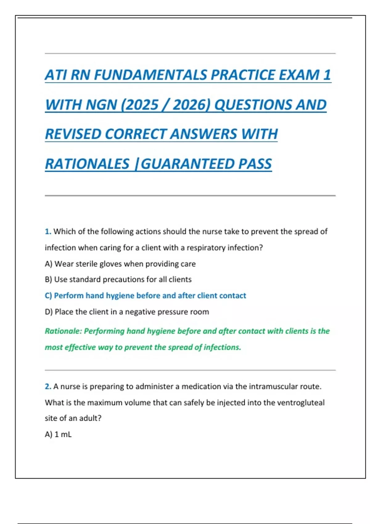 ATI RN FUNDAMENTALS PRACTICE EXAM 1 WITH NGN (2025 / 2026) QUESTIONS ...