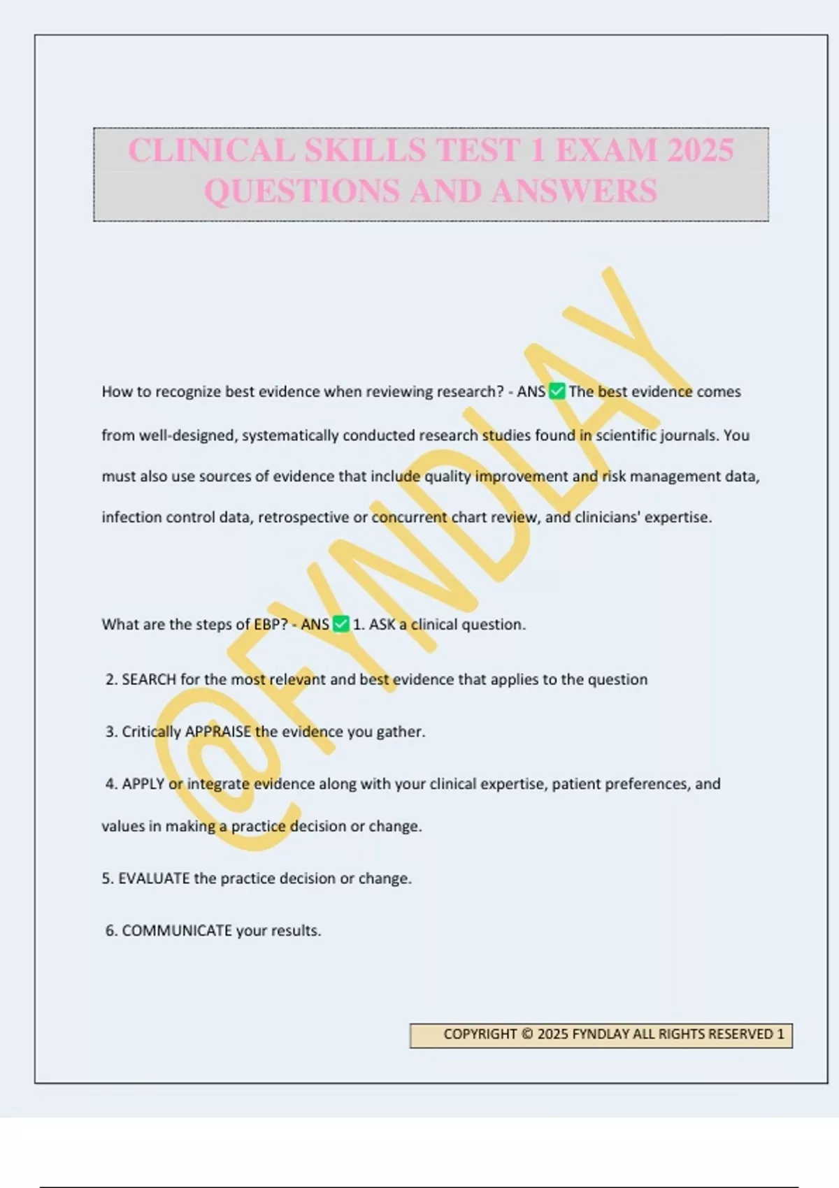 CLINICAL SKILLS TEST 1 EXAM 2025 QUESTIONS AND ANSWERS - NURSING SKILLS ...
