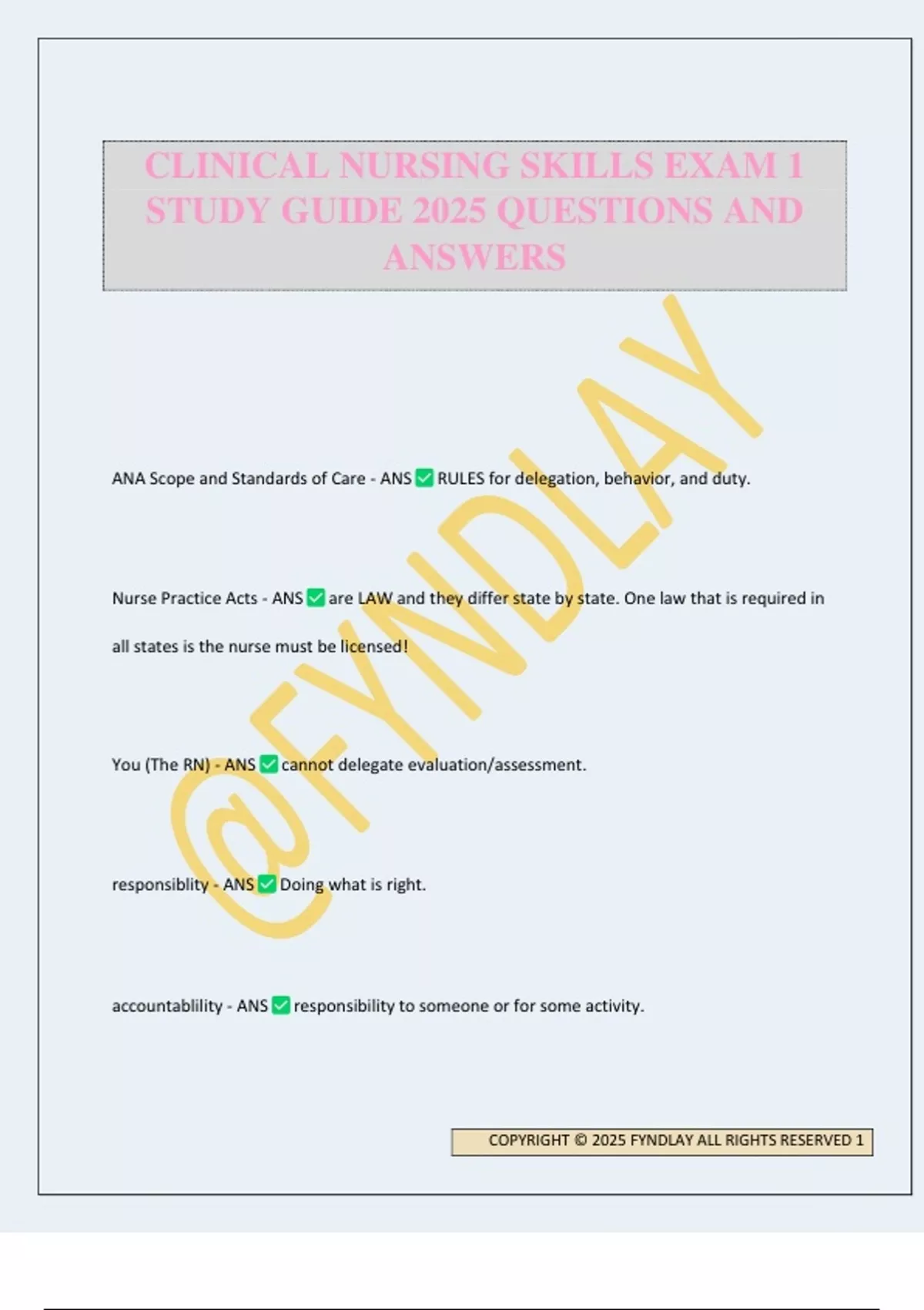 CLINICAL NURSING SKILLS EXAM 1 STUDY GUIDE 2025 QUESTIONS AND ANSWERS ...