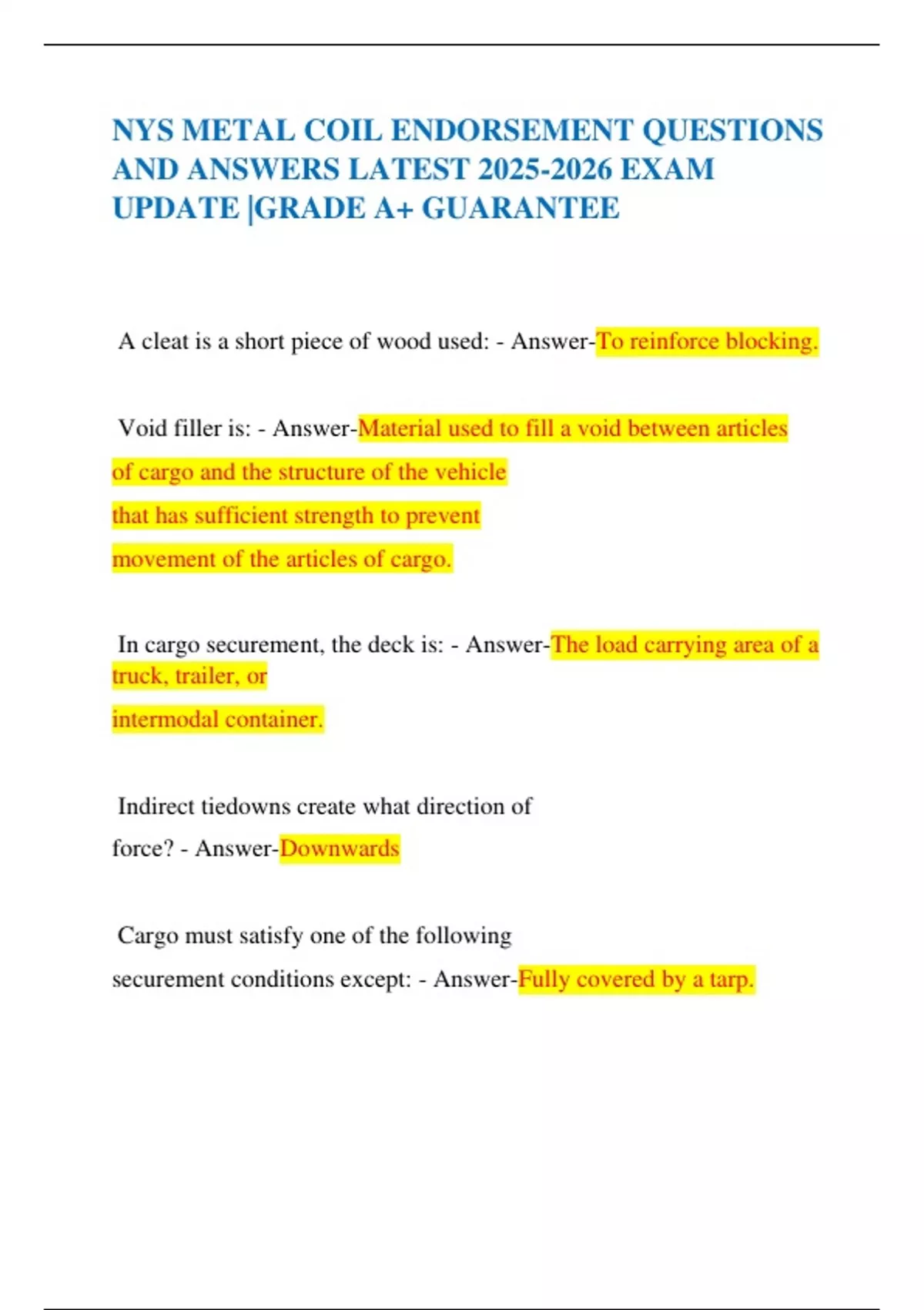 NYS METAL COIL ENDORSEMENT QUESTIONS AND ANSWERS LATEST EXAM UPDATE |GRADE A+ GUARANTEE - NYS ...