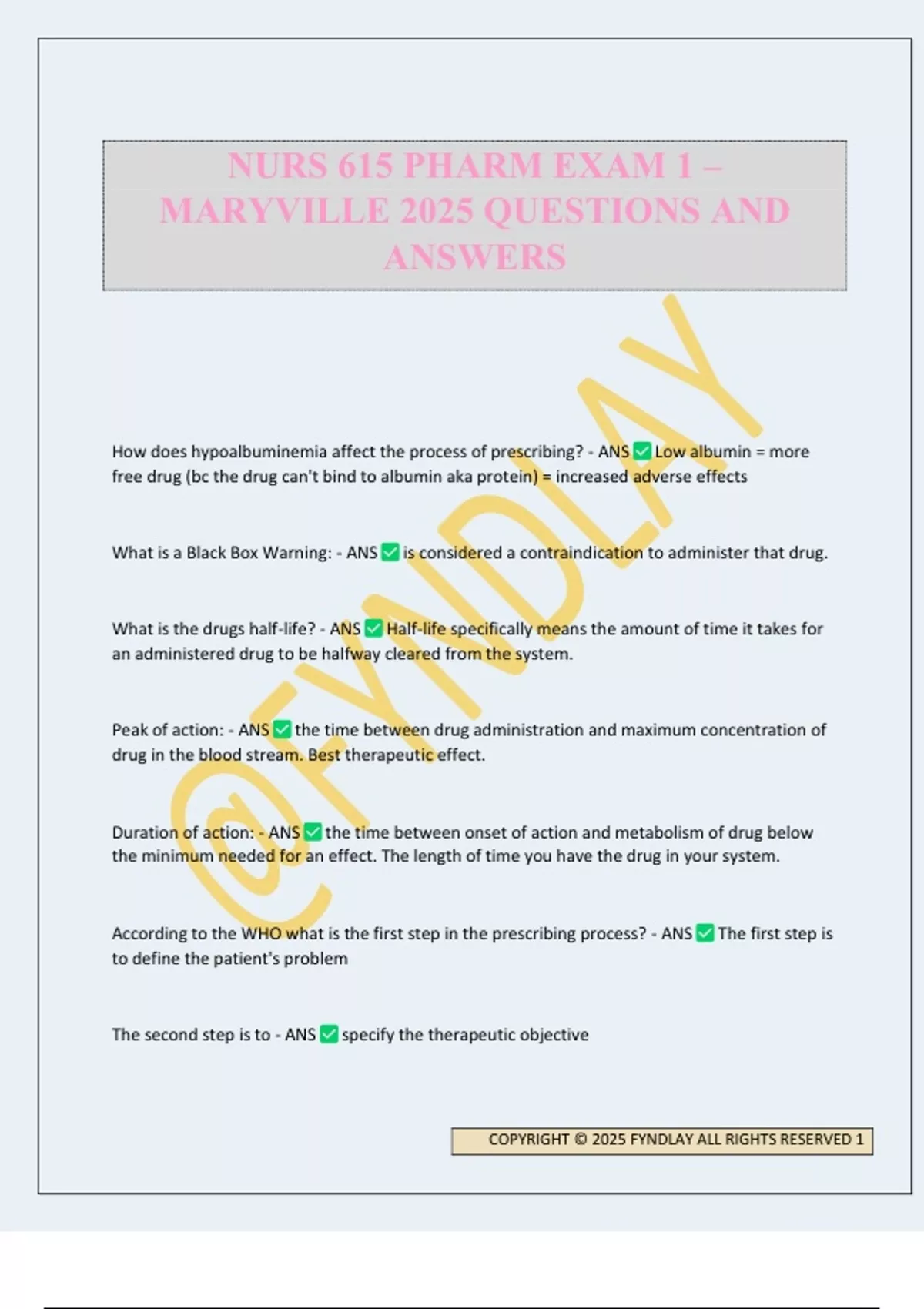 NURS 615 PHARM EXAM 1 – MARYVILLE 2025 QUESTIONS AND ANSWERS - NURS 615 ...