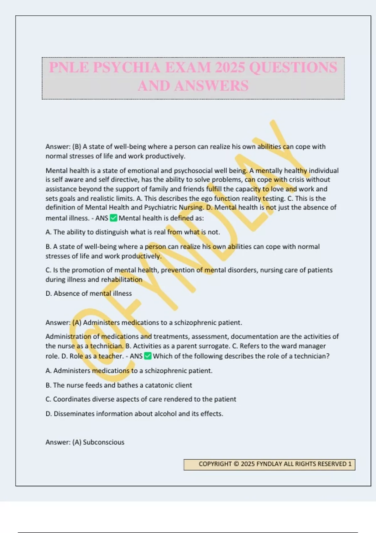 PNLE PSYCHIA EXAM 2025 QUESTIONS AND ANSWERS - PNLE PSYCHIA - Stuvia US