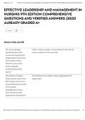 EFFECTIVE LEADERSHIP AND MANAGEMENT IN NURSING 9TH EDITION EXAM COMPREHENSIVE QUESTIONS AND VERIFIED ANSWERS &lpar;2025&rpar; ALREADY GRADED A&plus; 