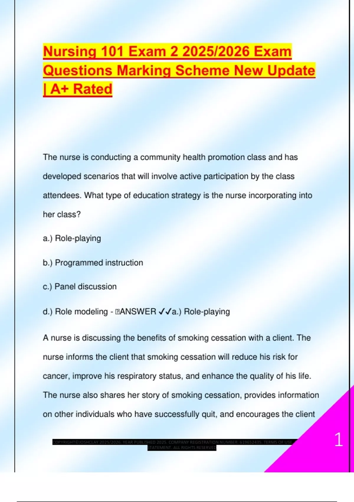 Nursing 101 Exam 2 2025/2026 Exam Questions Marking Scheme New Update ...