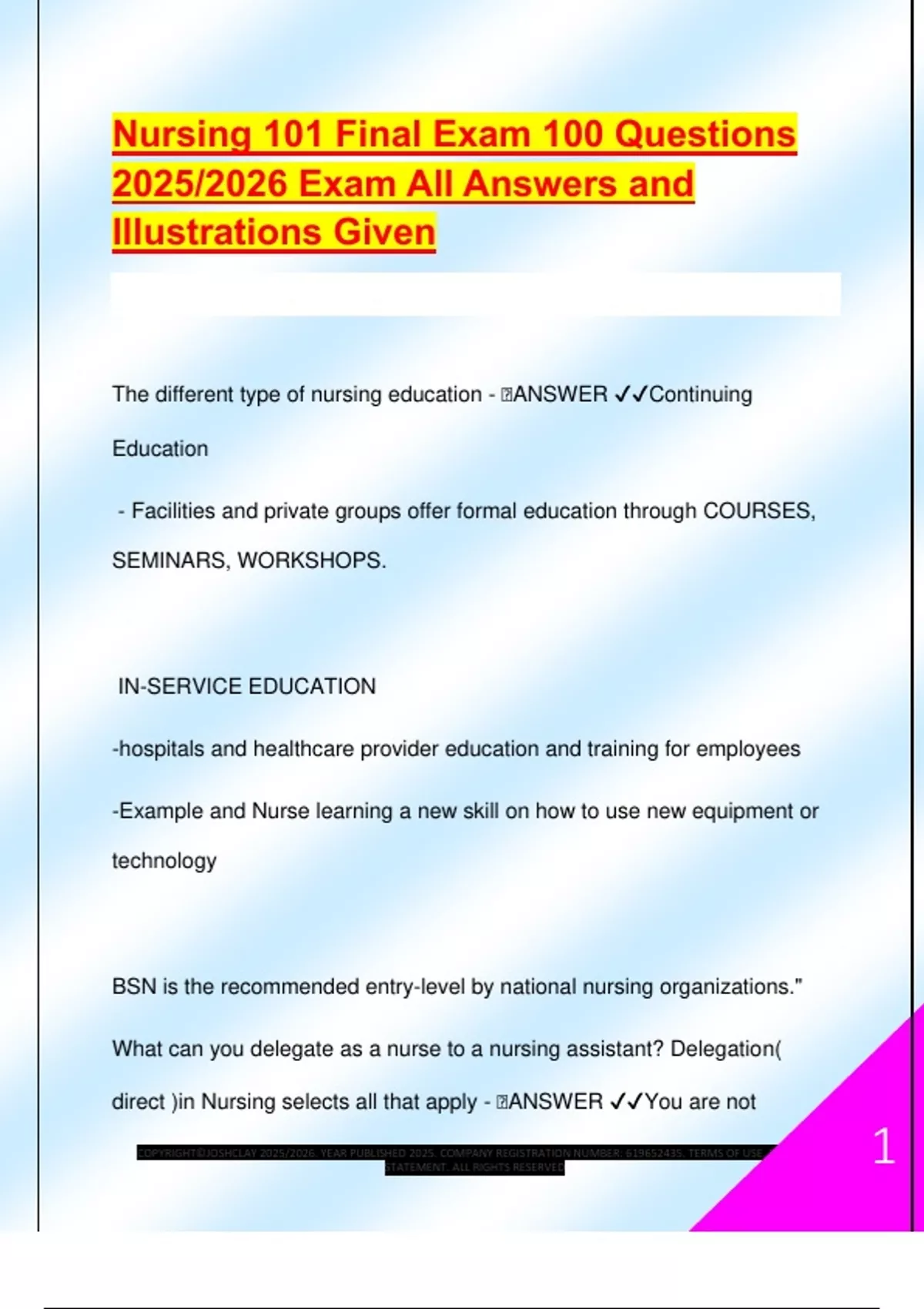 Nursing 101 Final Exam 100 Questions 2025/2026 Exam All Answers and ...