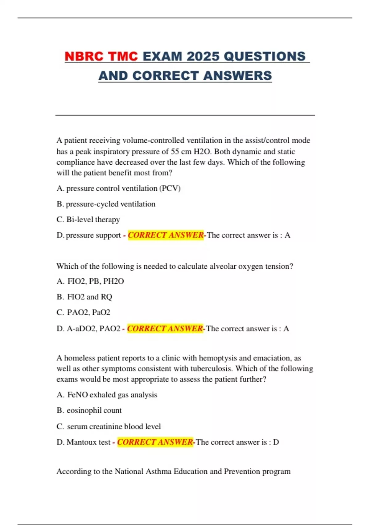 NBRC TMC Exam 2025 – Practice Questions and Correct Answers - NBRC TMC ...
