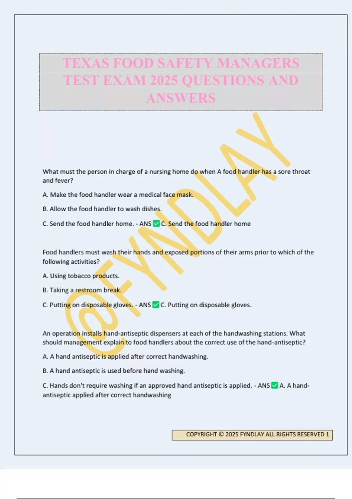 TEXAS FOOD SAFETY MANAGERS TEST EXAM 2025 QUESTIONS AND ANSWERS - TEXAS ...