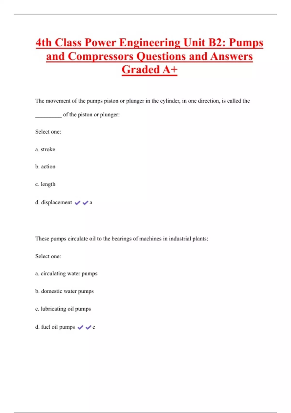 4th Class Power Engineering Unit B2: Pumps and Compressors Questions ...