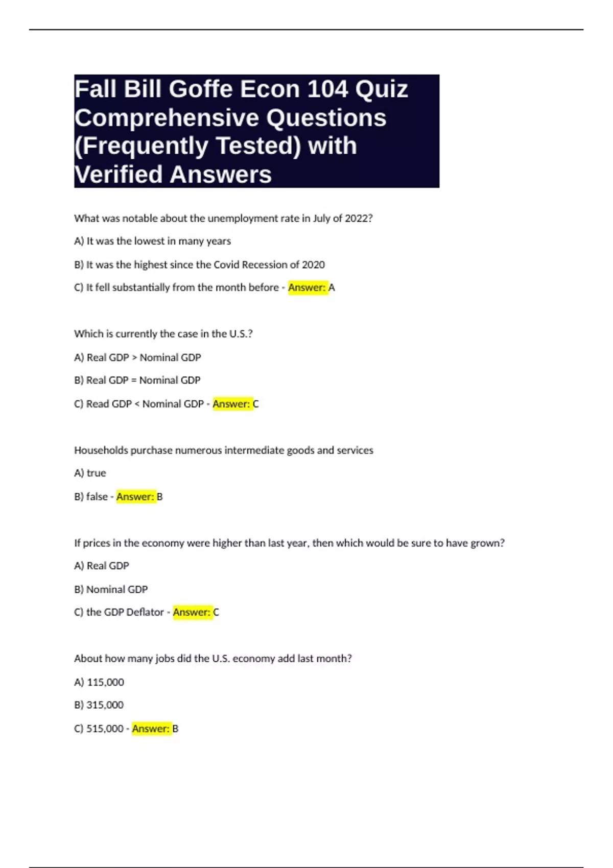 Fall Bill Goffe Econ 104 Quiz Comprehensive Questions (Frequently ...