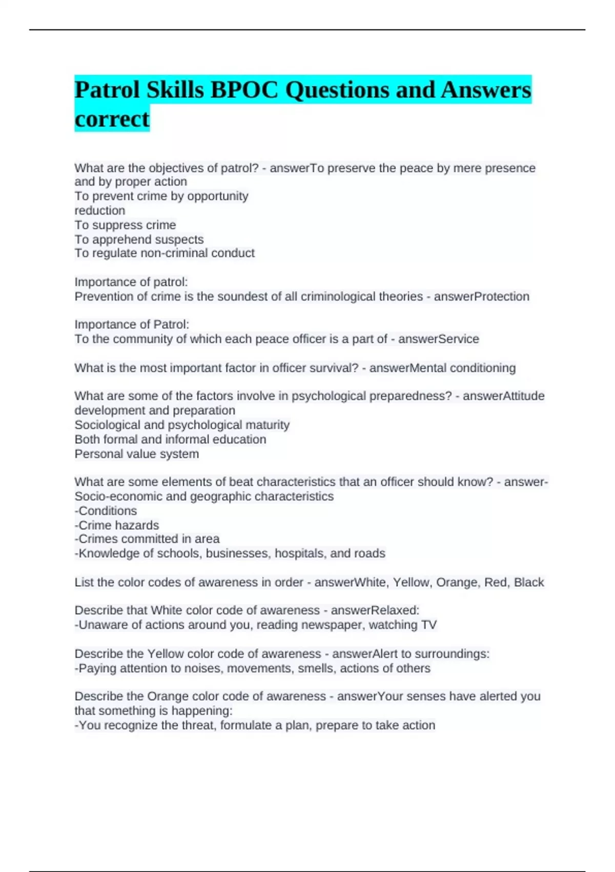 Patrol Skills BPOC Questions and Answers correct - BPOC - Stuvia US