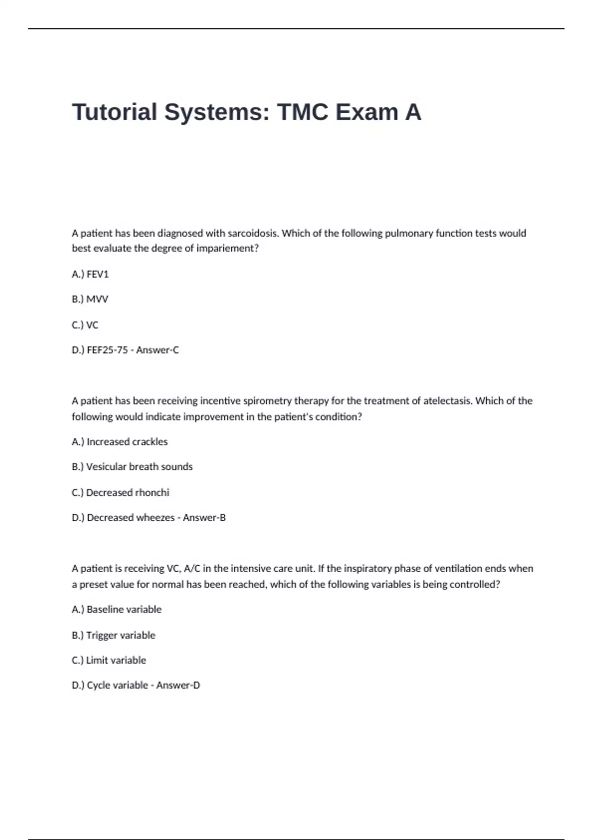 Tutorial Systems- TMC Exam A Questions and Answers - Tmc - Stuvia US