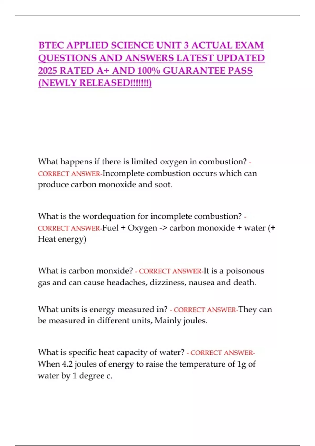 BTEC APPLIED SCIENCE UNIT 3 ACTUAL EXAM QUESTIONS AND ANSWERS LATEST ...
