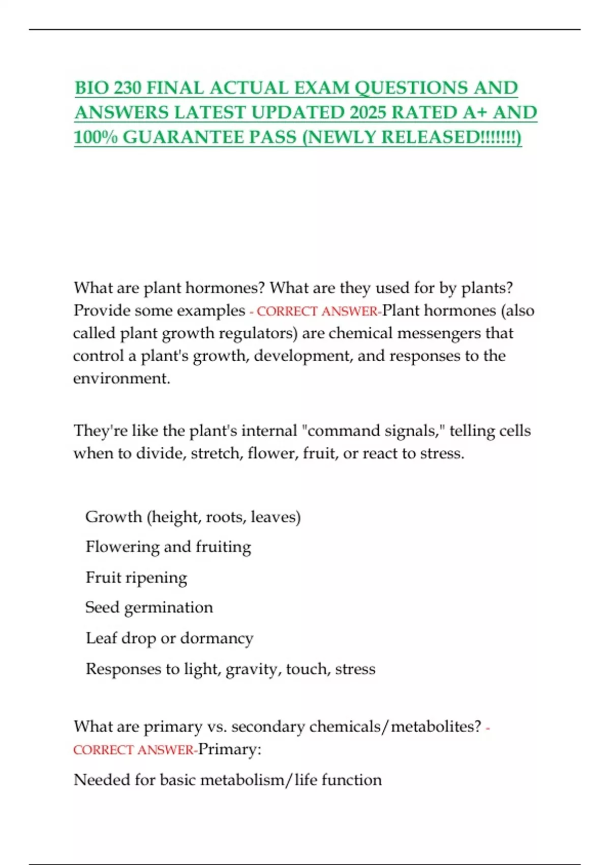 BIO 230 FINAL ACTUAL EXAM QUESTIONS AND ANSWERS LATEST UPDATED 2025 ...