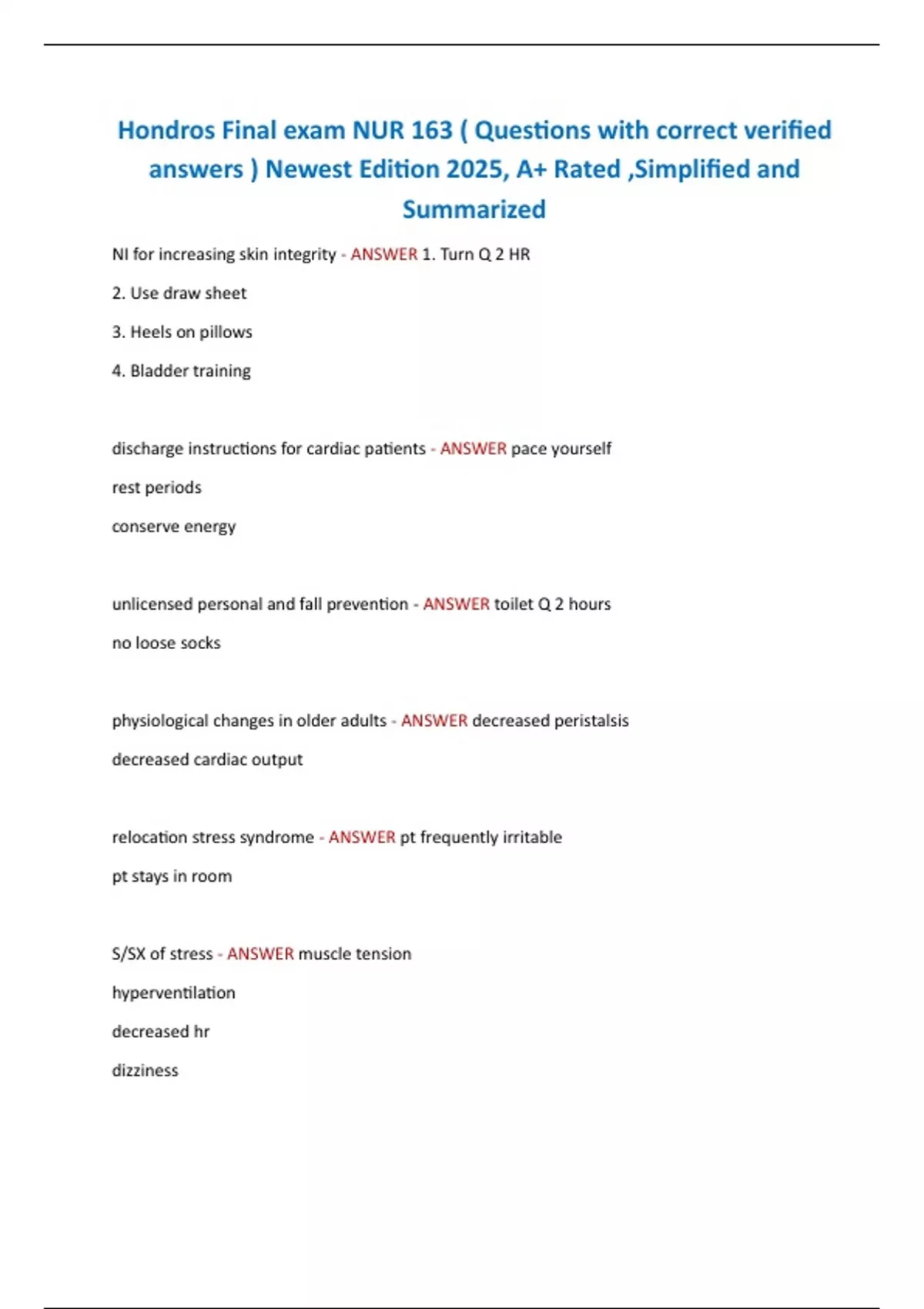 Hondros Final exam NUR 163 ( Questions with correct verified answers ...