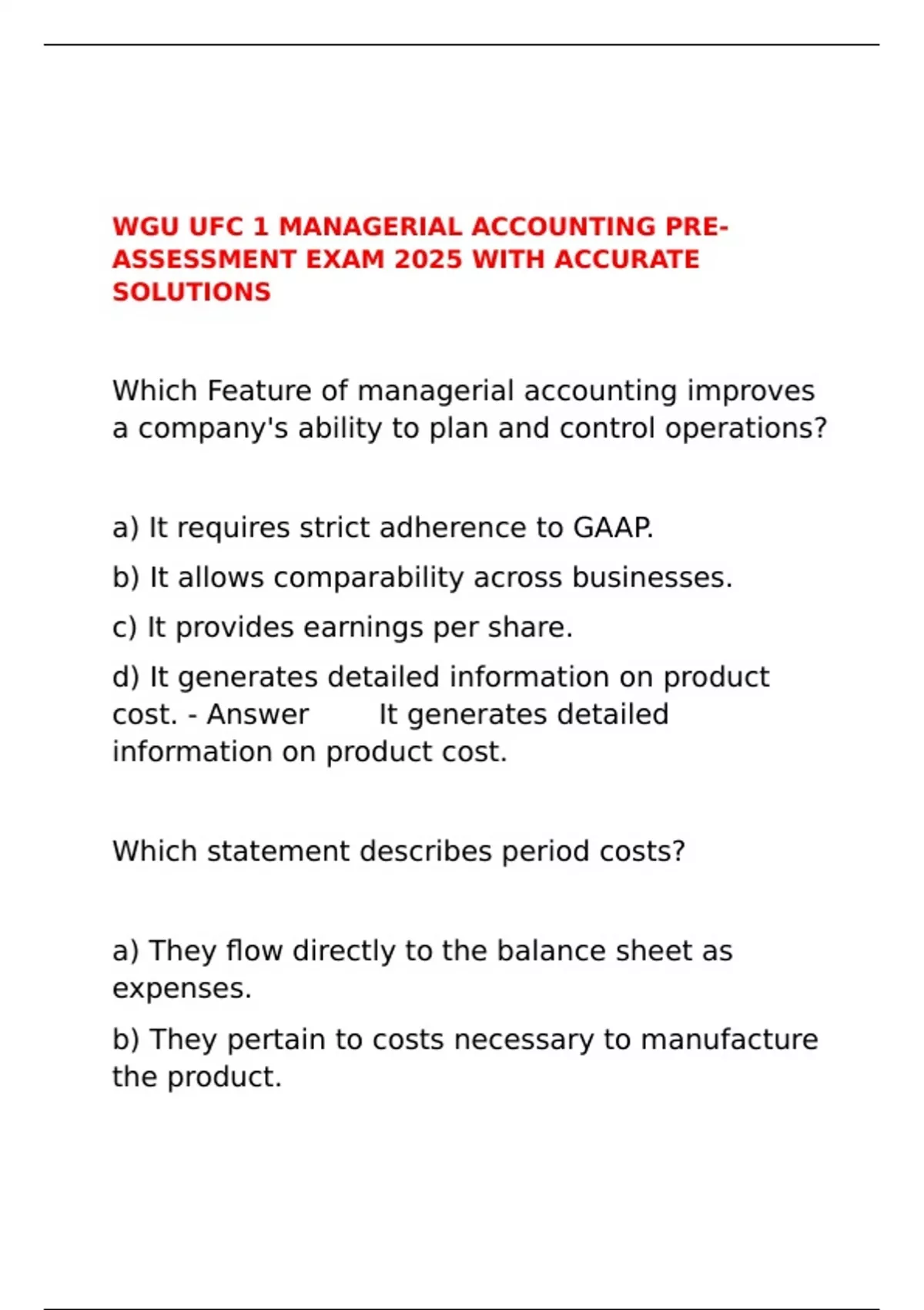WGU UFC 1 MANAGERIAL ACCOUNTING PREASSESSMENT EXAM 2025 WITH ACCURATE
