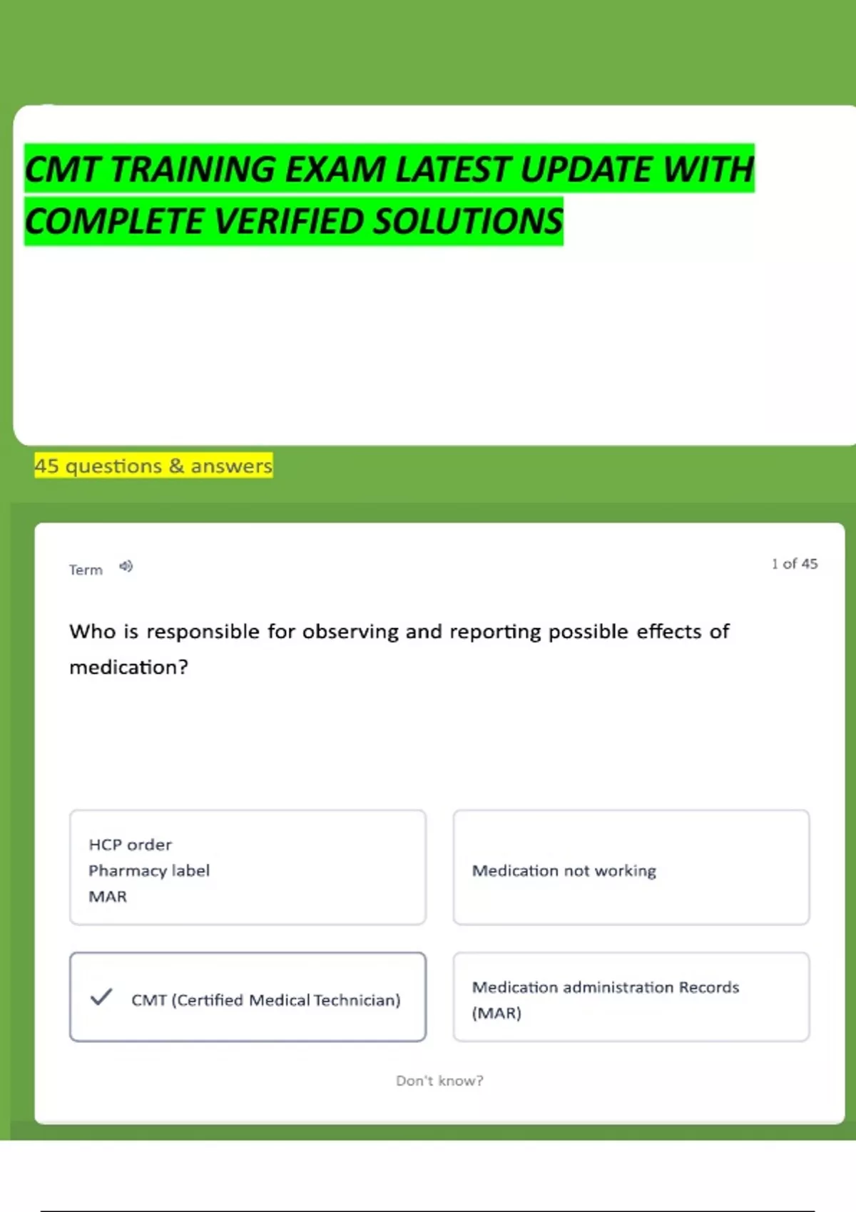 CMT TRAINING EXAM | LATEST UPDATE | WITH COMPLETE VERIFIED SOLUTIONS ...