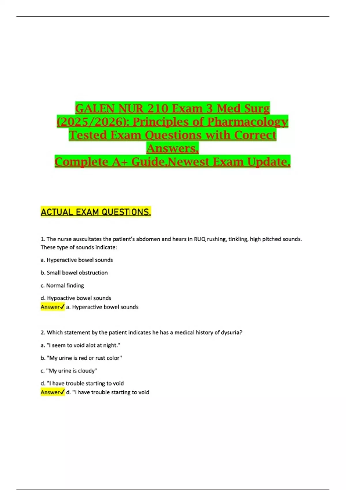 GALEN NUR 210 Exam 3 Med Surg (2025/2026): Principles of Pharmacology ...