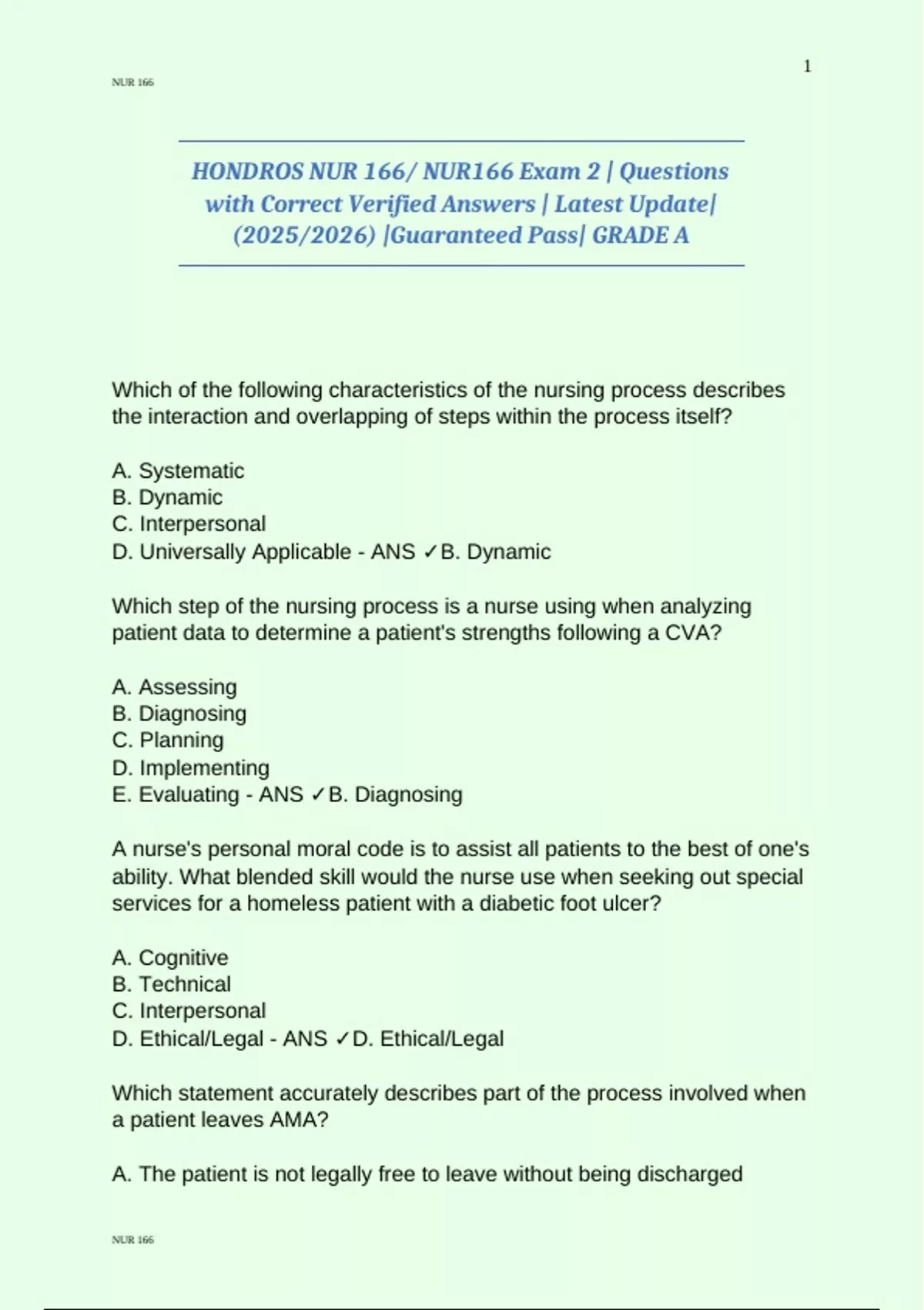 HONDROS NUR 166/ NUR166 Exam 2 | Questions with Correct Verified ...