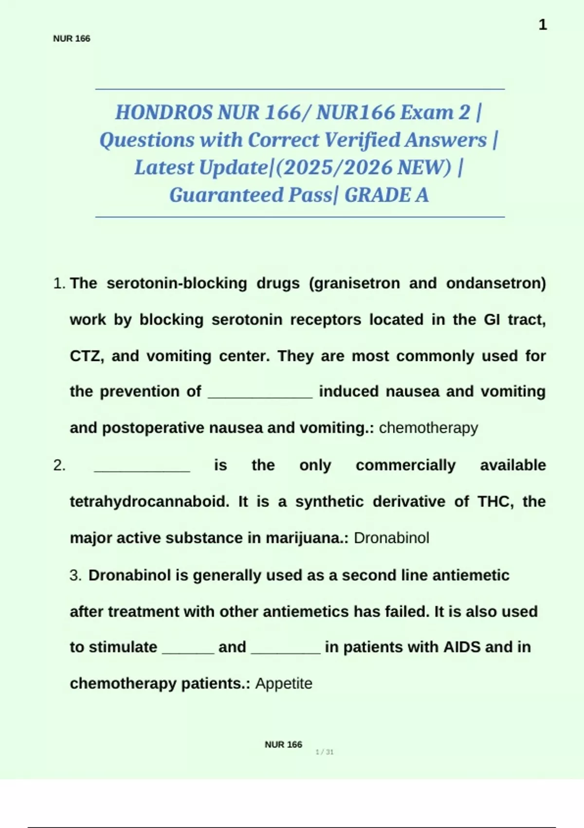 HONDROS NUR 166/ NUR166 Exam 2 | Questions with Correct Verified ...