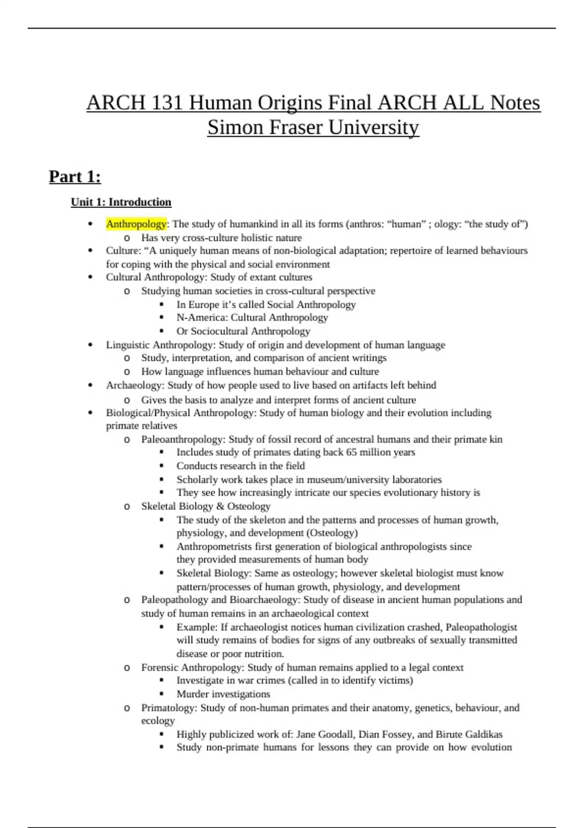 Human Origin Notes ARCH 131 Human Origins Final ARCH ALL Notes Simon Fraser University ...