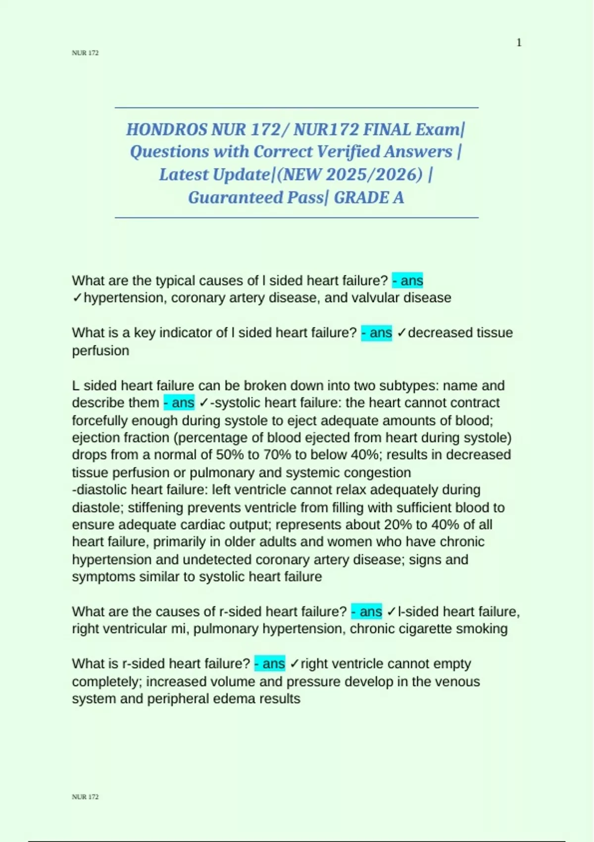 HONDROS NUR 172/ NUR172 FINAL Exam| Questions with Correct Verified ...